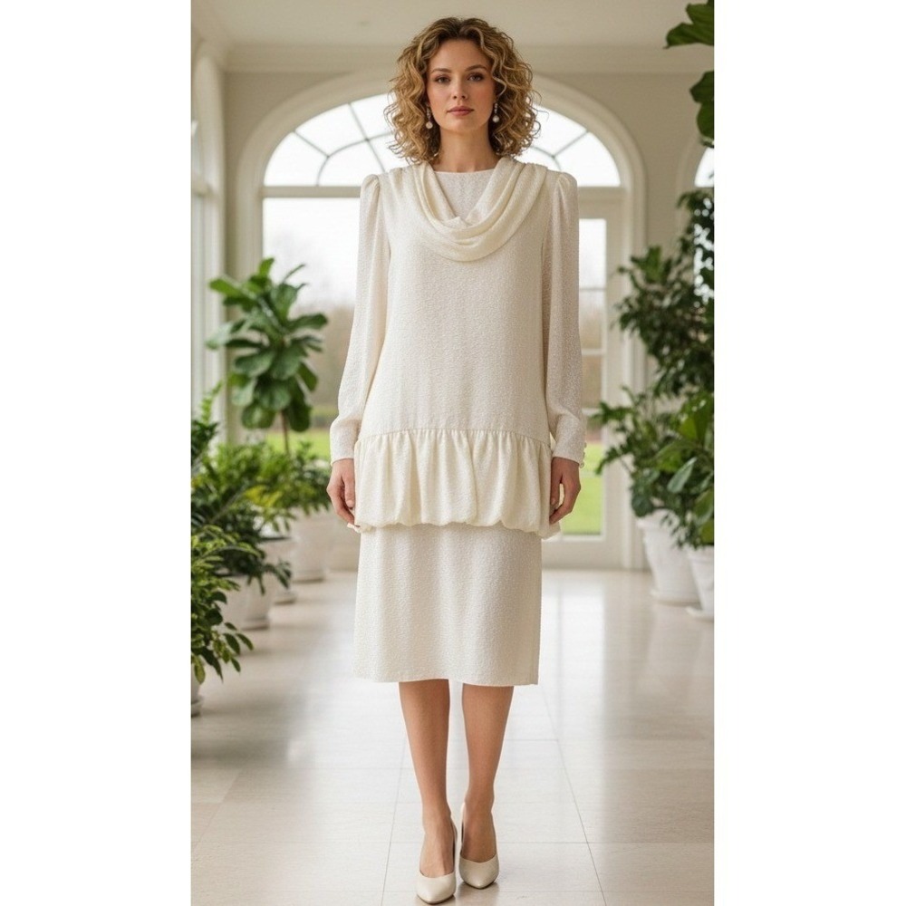 Vtg Ursula of‎ Switzerland Dress Womens Sz 12 Ivory Cowl Neck Ruffle Hem Tiered